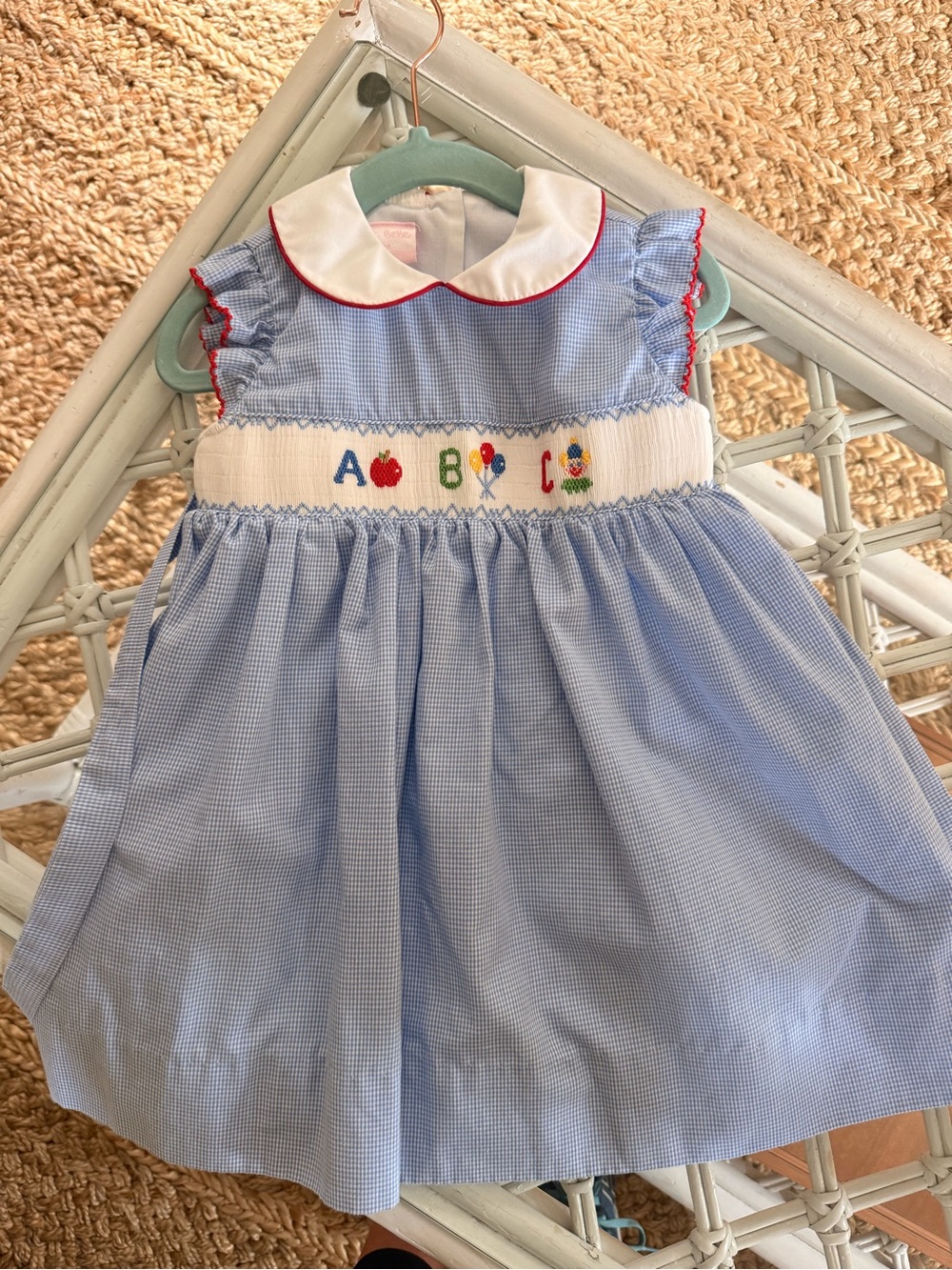 Petit Bebe Dress Blue Gingham Smocked ABC Baby Dress with Peter Pan Collar